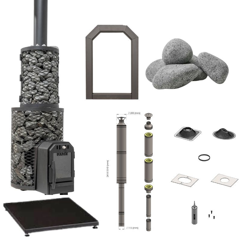 Cozy 18 O Holzsaunaofen Komplettset mit Schornstein, Bodenplatte, Tunnelrahmen, Saunasteinen und Zubehör zur Montage. Ideal für Saunen bis 20 m³.